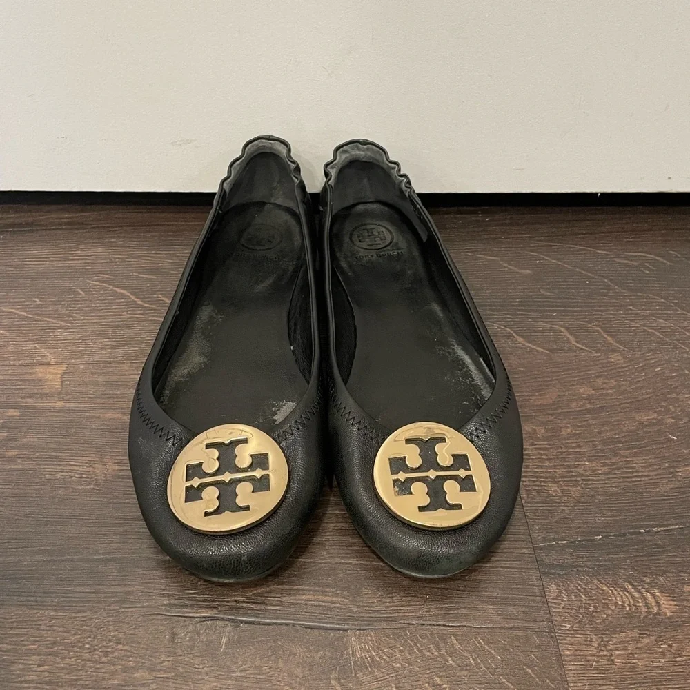 Tory Burch Travel Ballet Minnie Flats Black Gold Slip On Shoes Size 7M